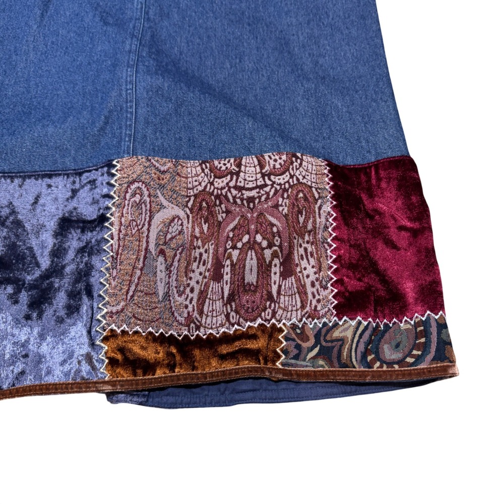 VTG Ruby Rd Denim Maxi Skirt Women Size 12 Patchwork Velvet Boho Whimsigoth - Picture 2 of 11